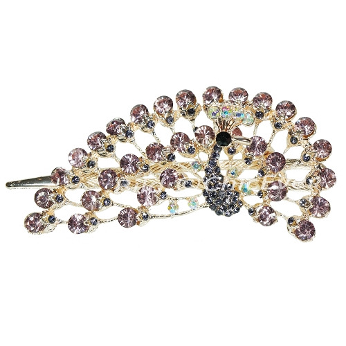 Schöne Haarspange Pfau aus Metall Strass & Acryl Haarklammer lila violett gold 5258 - zum Schließen ins Bild klicken
